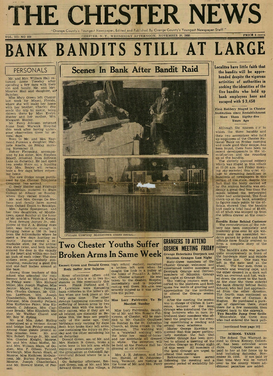 The Chester News Vol. III  No. 108, November 20, 1935: Chester National Bank Bandits Still at Large